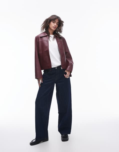 Selected Femme – Jacke aus Echtleder in Dunkelrot mit Kragen - view 1