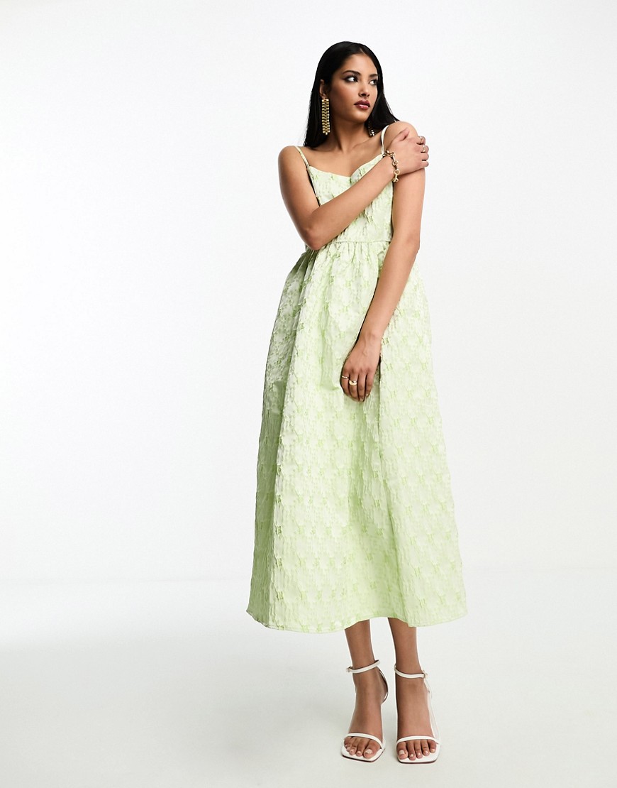Selected Femme jacquard cami midi dress in pastel lime floral-Green