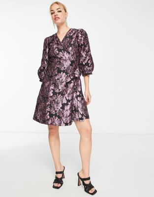 Selected Femme jacquard wrap mini dress-Multi