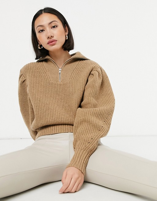 Selected Femme jumper with half zip and exaggerated sleeves in tan