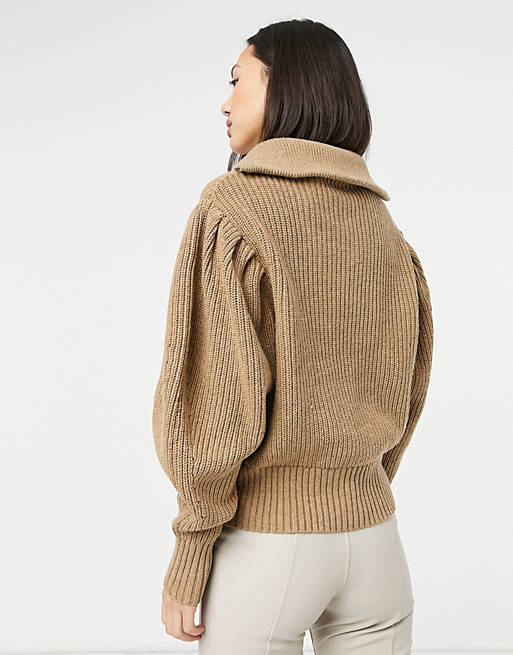 Women Selected Femme jumper with half zip and exaggerated sleeves in tan 