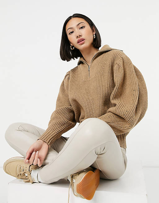 Women Selected Femme jumper with half zip and exaggerated sleeves in tan 