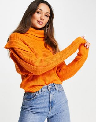Selected Femme jumper with wide roll neck and shoulder detail in orange