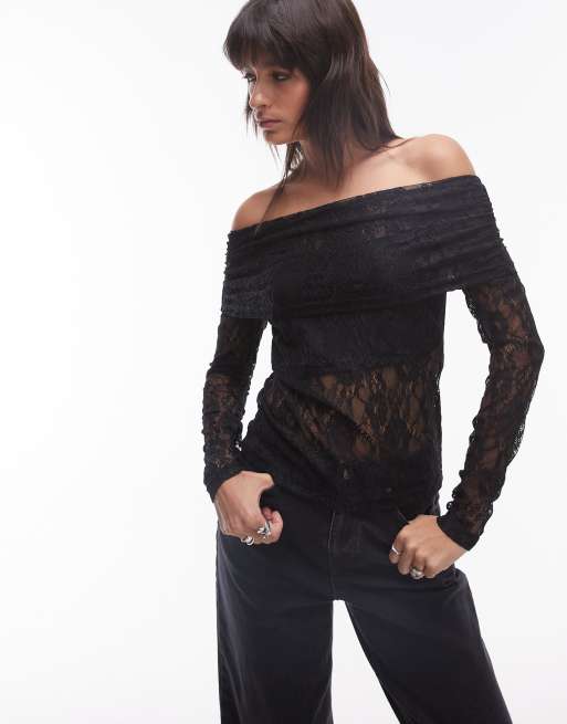 Selected Femme - Kanten top met lange mouwen en blote schouders in zwart