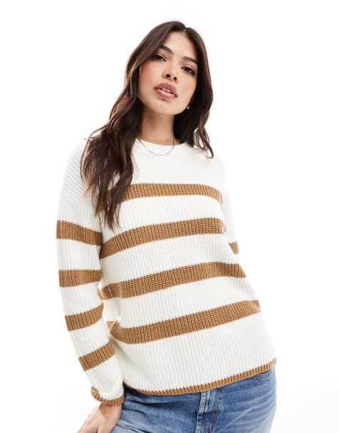 Selected Femme knit sweater in cream with tan stripe - view 1