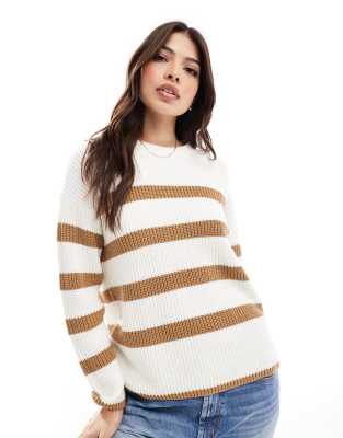 Selected Selected Femme knitted jumper in cream with tan stripe-White