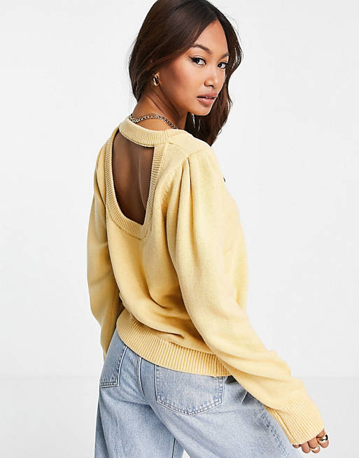 Selected Femme knitted jumper with cut out back in yellow