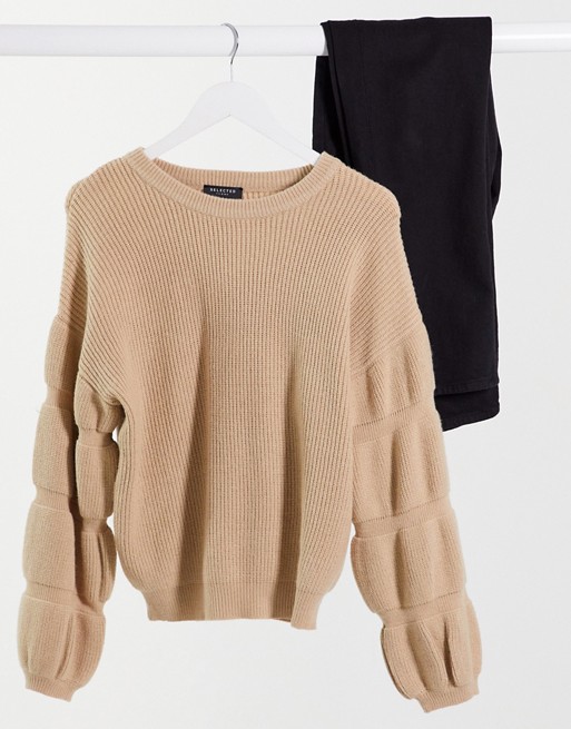 Selected Femme knitted jumper with sleeve detail in camel