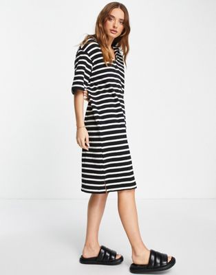 Selected Femme knitted polo dress in black and white stripe