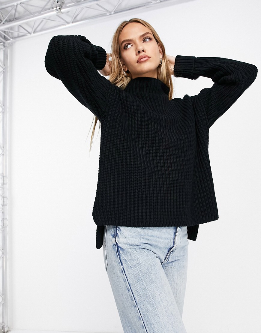Selected Femme knitted sweater with cuff turn up in black