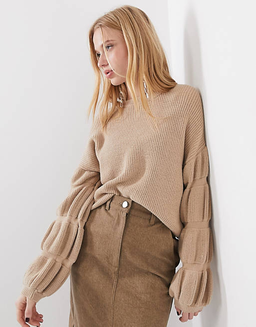 Selected Femme knitted sweater with sleeve detail in camel