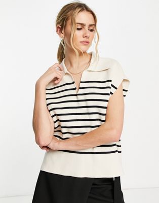 Selected Femme knitted vest with collar detail in cream stripe