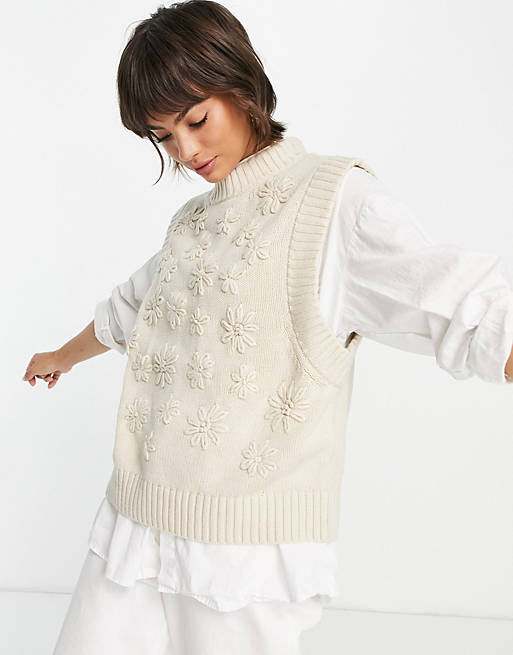 Selected Femme knitted vest with floral crochet detail in cream