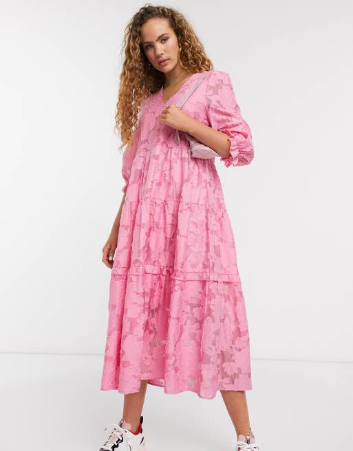 Selected Femme lace midi dress with volume sleeves in pink | ASOS