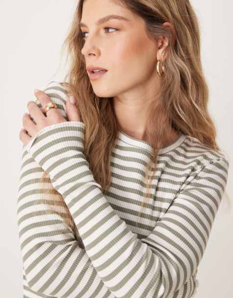 Selected Femme – Langärmliges, geripptes Shirt mit Streifenmuster in Grün und Weiß - view 1