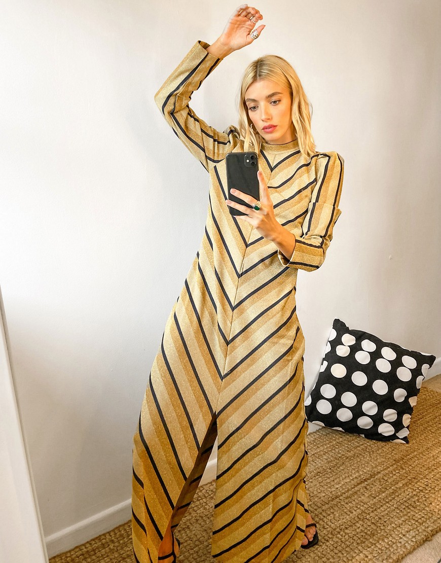 Selected femme - lange jurk met split middenvoor in gouden chevronprint-multikleur