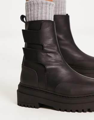 Selected Femme Leather Chunky Boots With Tabs In Black