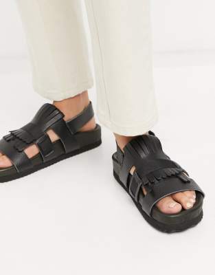 black leather chunky sandals