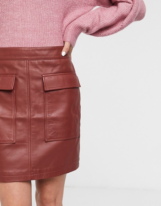 Selected Femme leather mini skirt with pocket detail in red
