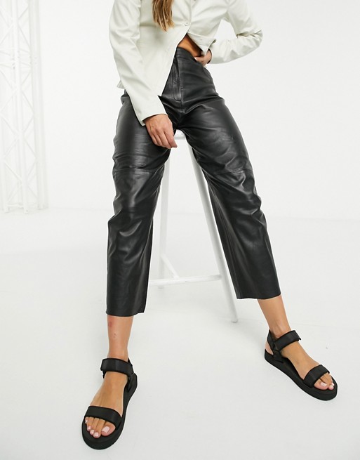 Selected Femme leather straight leg trousers in black