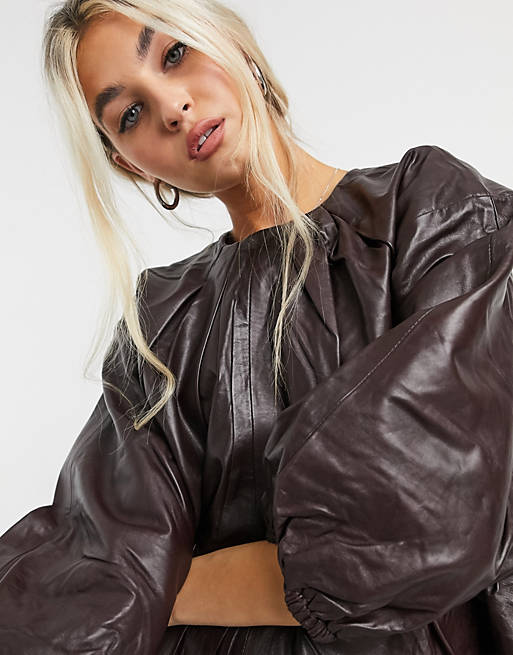  Selected Femme leather top with balloon sleeves in brown 