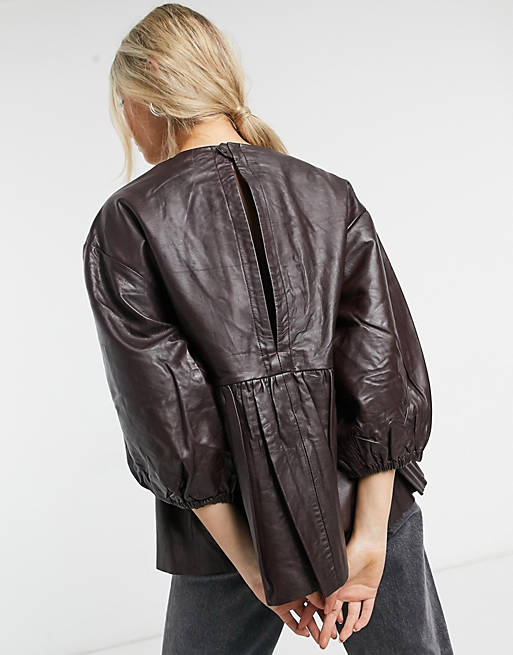  Selected Femme leather top with balloon sleeves in brown 