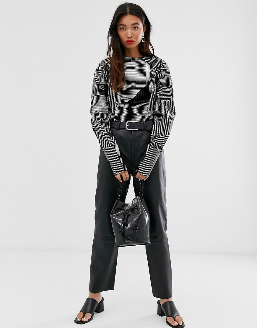 Selected Femme - Leren broek met hoge taille en rechte pijpen-Zwart