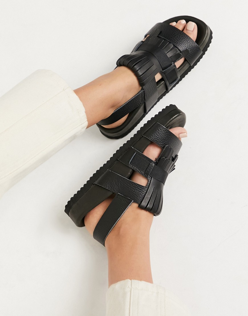 Selected Femme - Leren sandalen met franjes en dikke zool in zwart