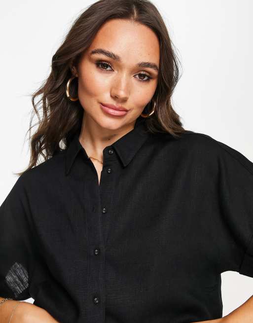 Selected Femme linen blend cropped shirt co ord in black