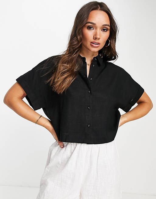 Selected Femme linen blend cropped shirt in black - part of a set | ASOS
