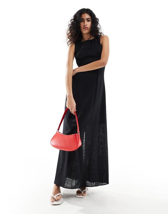 Selected - femme linen mix maxi dress in black