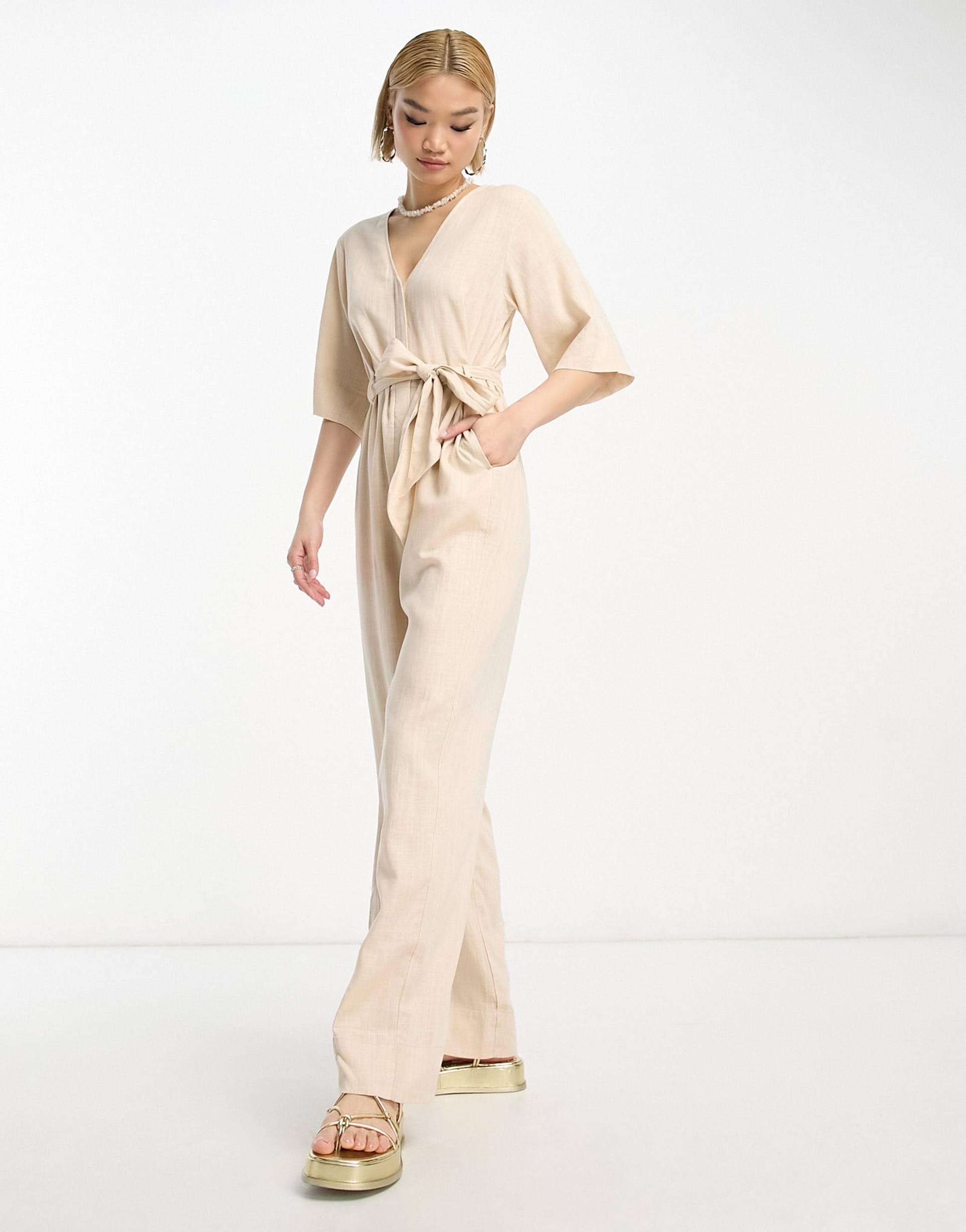 selected femme linen touch jumpsuit in sand