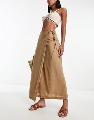Selected Femme linen touch wrap maxi skirt in camel
