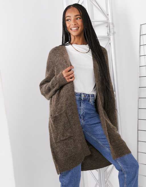 Selected Femme long cardigan in brushed knit in brown