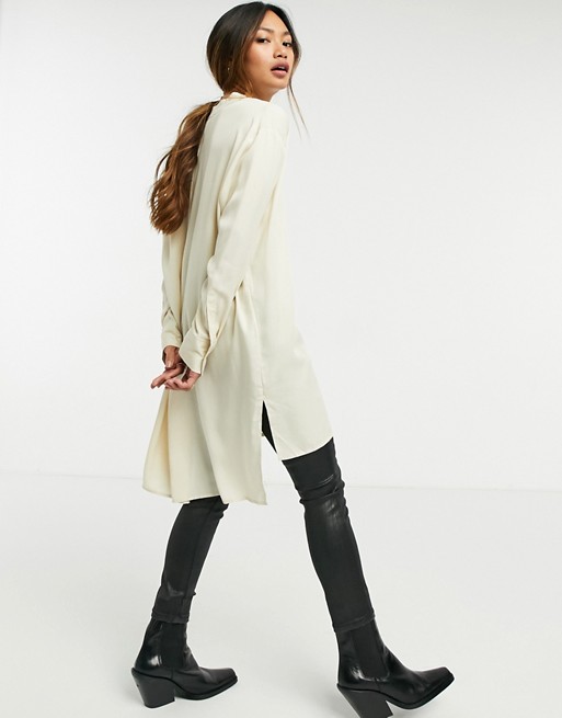 Selected Femme long line collarless shirt in white