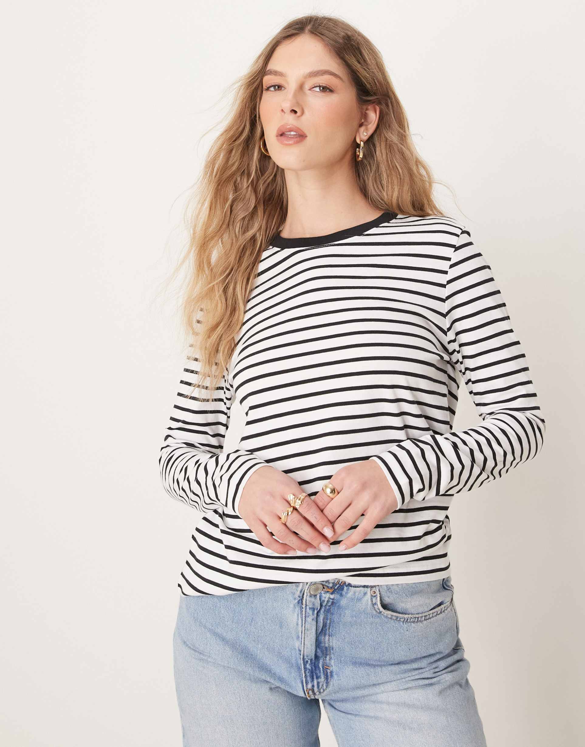 selected femme long sleeve boxy t-shirt in black/white stripe