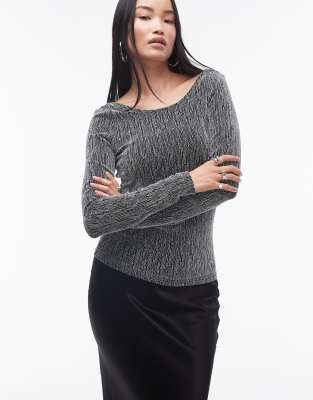 Femme long sleeve glitter top in silver-Black