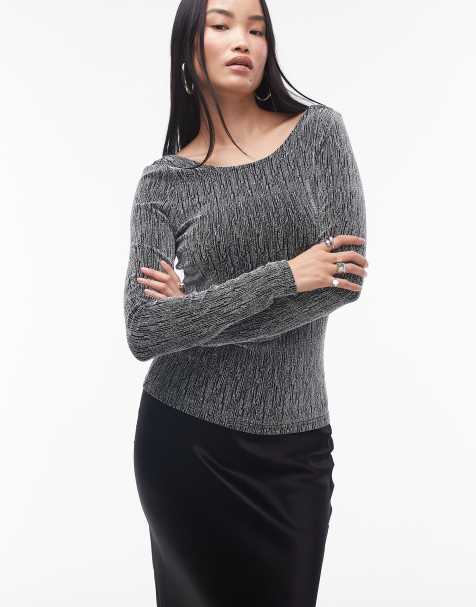 Selected Femme long sleeve glitter top in silver - view 1