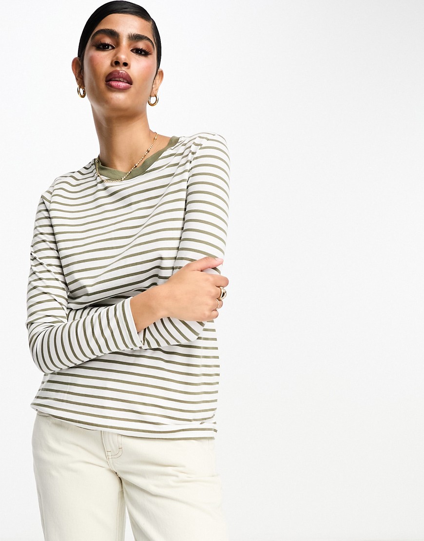 Femme long sleeve T-shirt in khaki stripe-Multi