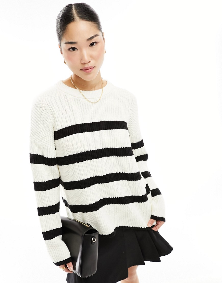 Selected Femme loose fit knitted jumper in cream with black stripes-White