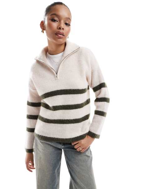 Selected Femme - Maglione color crema a righe verdi in misto lana merino con zip corta - view 1
