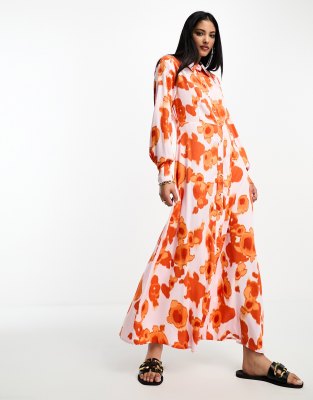 Selected Femme - Maxi-Hemdblusenkleid mit auffälligem Blumenmuster in Orange-Weiß