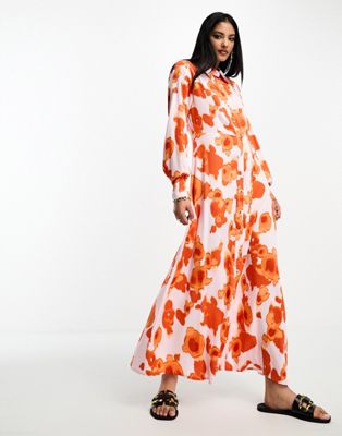 Selected Femme Maxi Shirt Dress In Bold Orange Floral-white