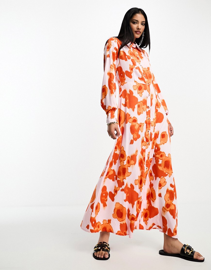 Selected Femme Maxi Shirt Dress In Bold Orange Floral-white
