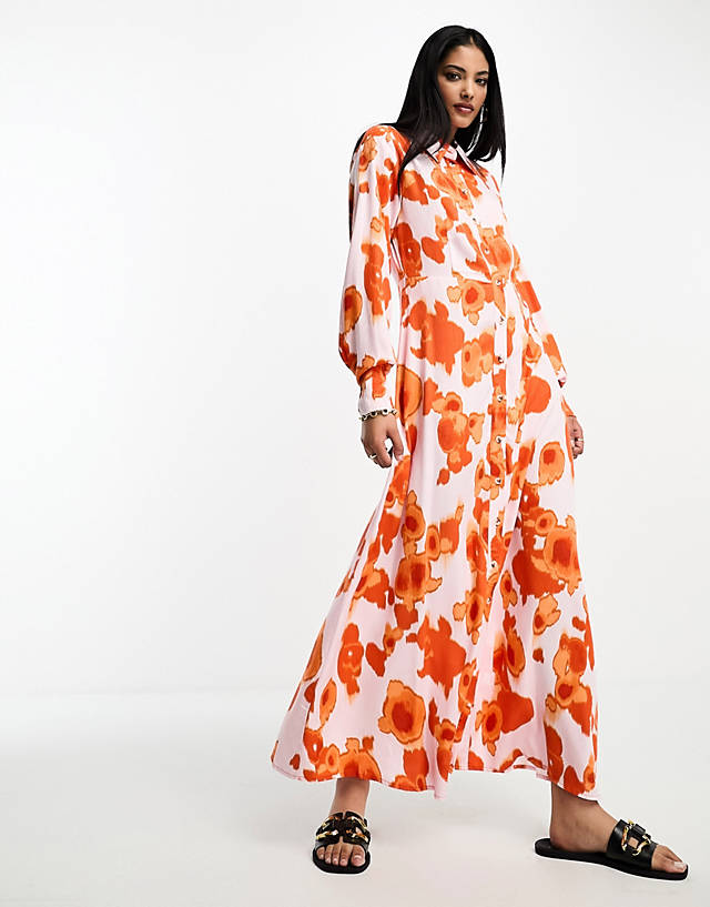 Selected - femme maxi shirt dress in bold orange floral
