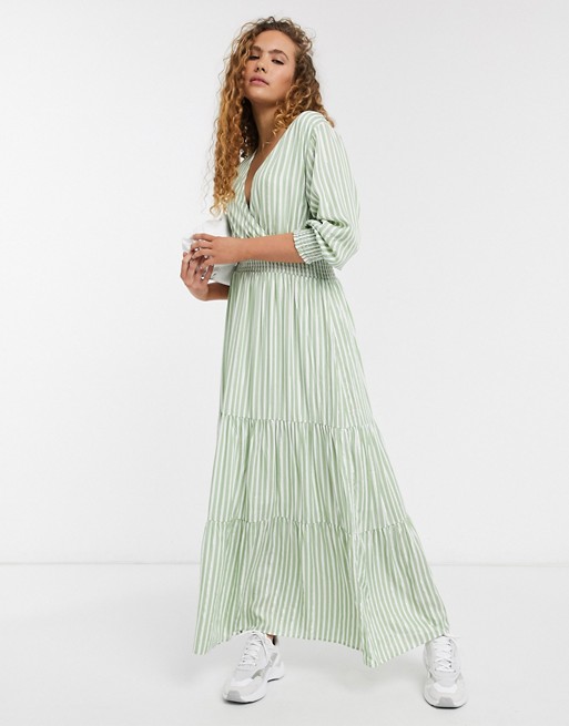 Selected Femme maxi smock dress in green and white stripe