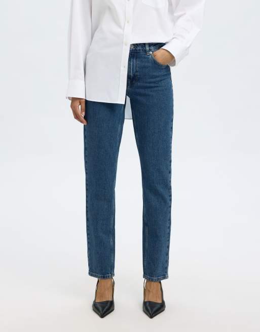 Selected Femme - Mellemblå tapered smalle jeans i denim