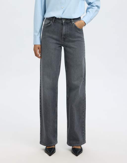 Selected Femme - Mellemgrå jeans med vide ben i denim