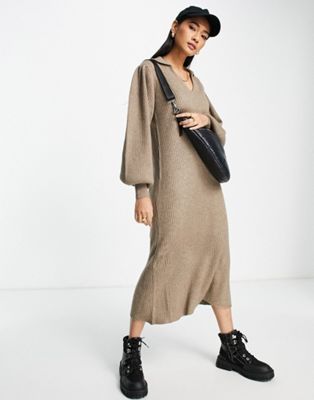 Selected Femme merino wool knitted midi dress with balloon sleeve in beige melange