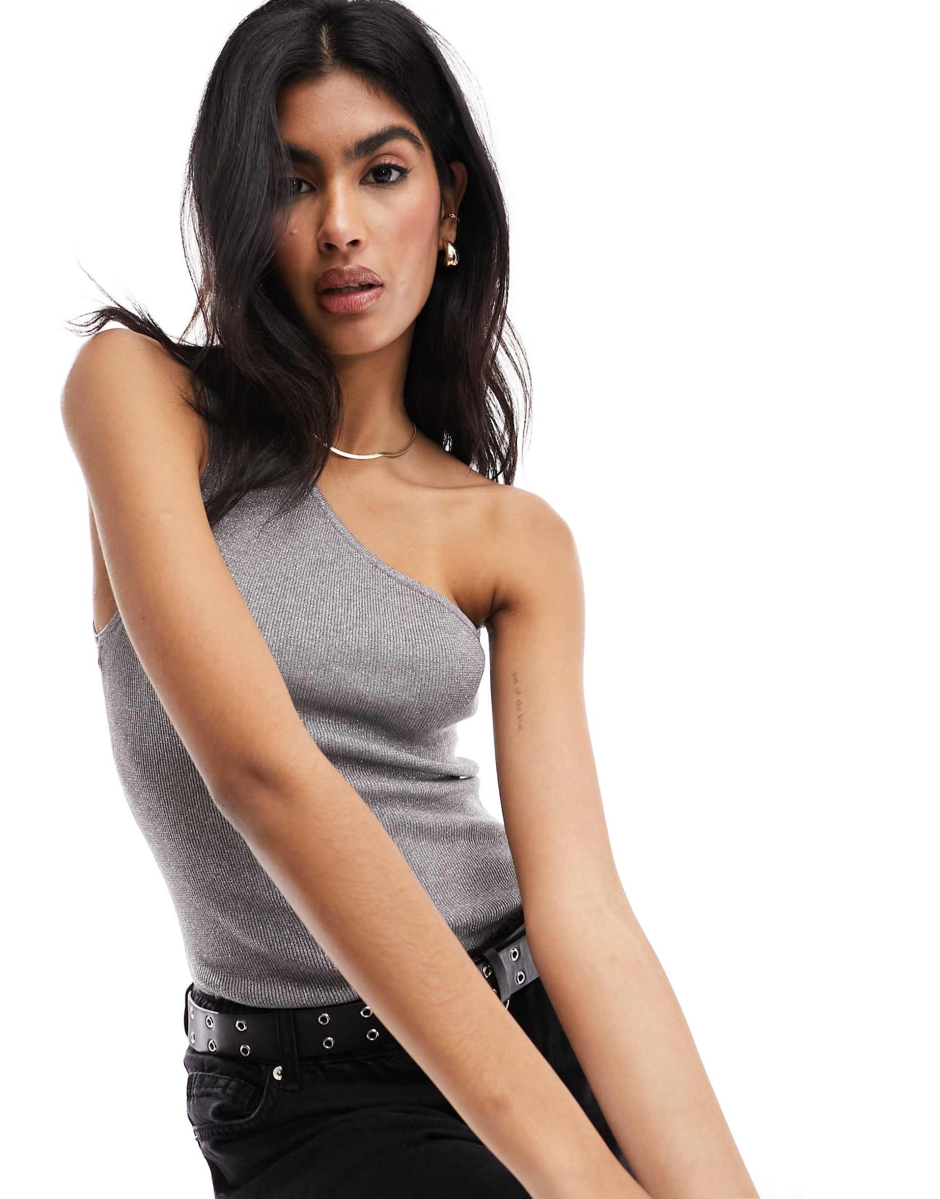 selected femme metallic one shoulder top in silver